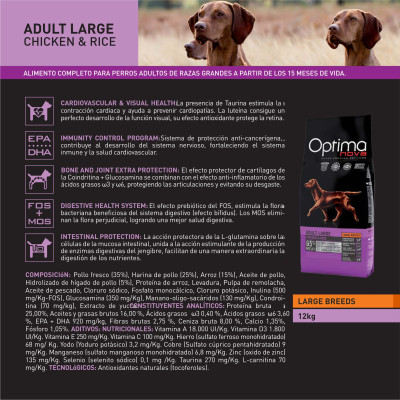 Optima Nova Adult Large Pollo Arroz 12 Kg.