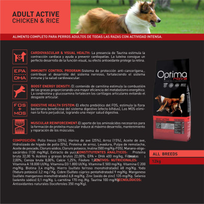 Optima Nova Adult Active Pollo Arroz 12 Kg.